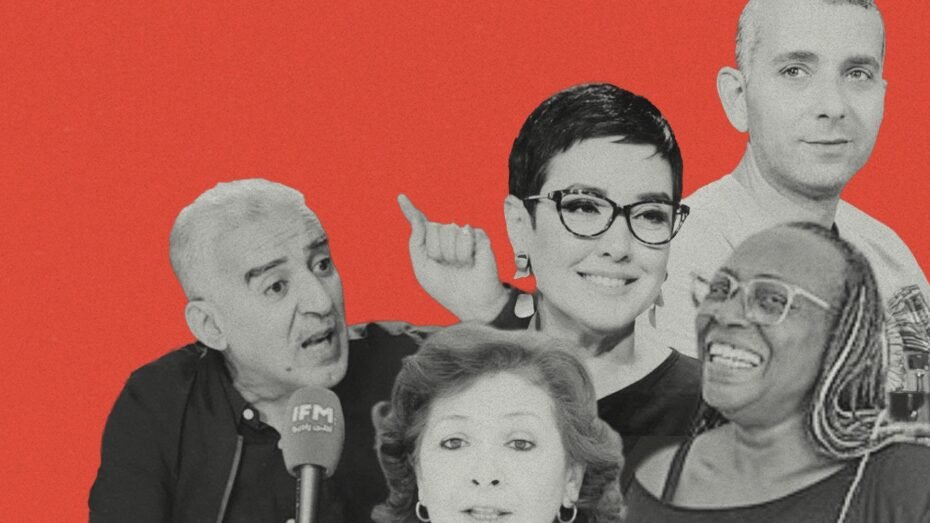 Composite image featuring Tunisian journalists Zied El-Heni, Sonia Dahmani, and Haythem El-Mekki, alongside human rights defenders Sihem Bensedrine and Saadia Mosbah, accompanying a joint appeal by 47 human rights organizations calling for an end to the imprisonment of journalists and human rights defenders in Tunisia.