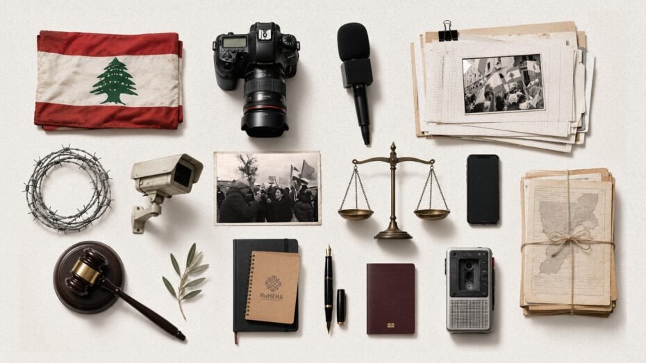 Collage showing journalism and civic space elements including a microphone, camera, justice scale, protest scenes in Lebanon, and digital tools such as a smartphone.